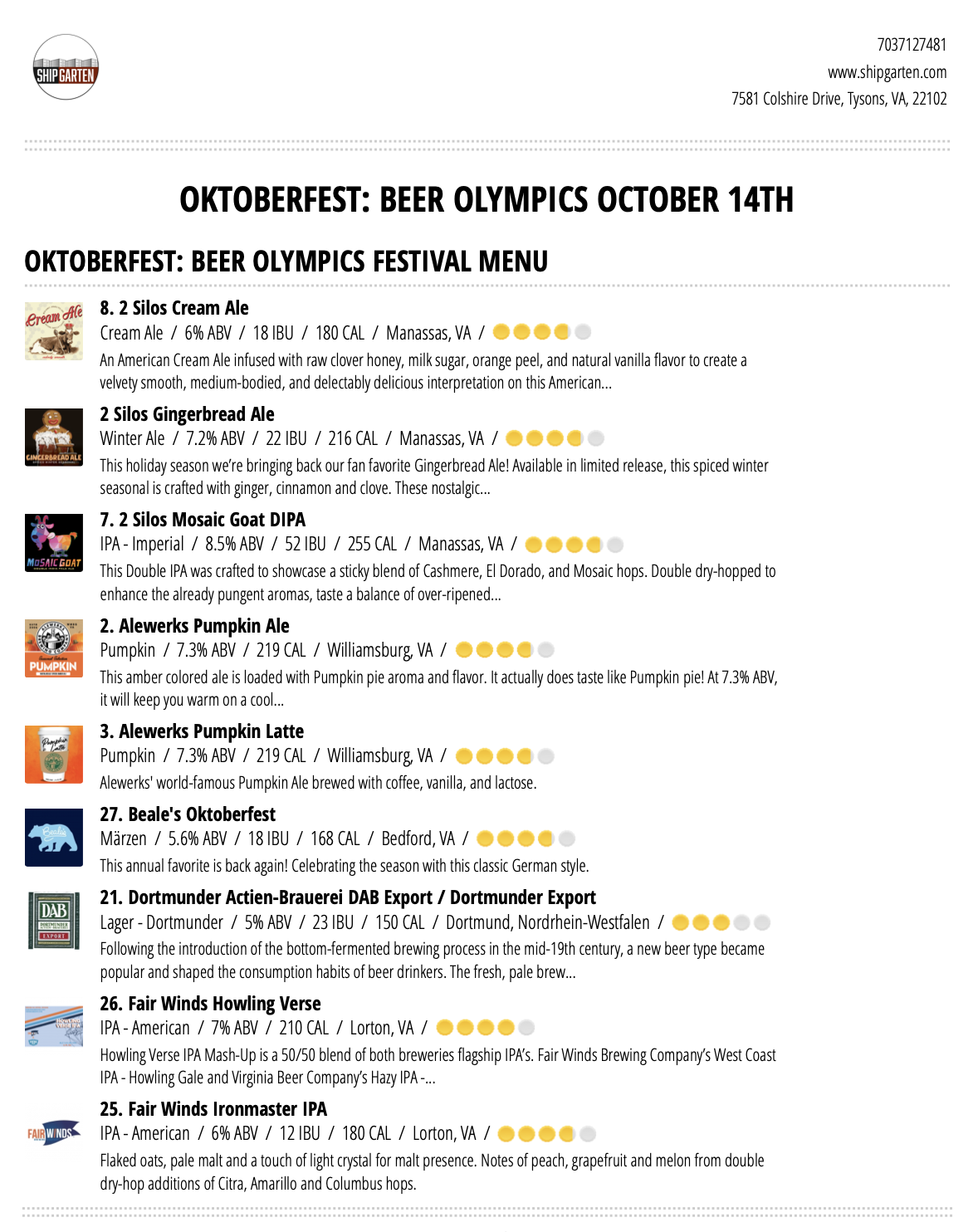 Oktoberfest Beer Olympics Festival Menu Shipgarten