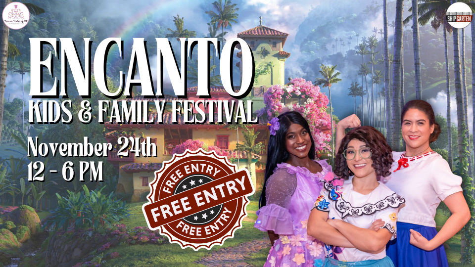 Encanto Kids & Family Festival November 24th 12 - 6 PM Free Entry Encanto Background with the house and jungle and Mirabel, Isabela, and Louisa Encanto Characters