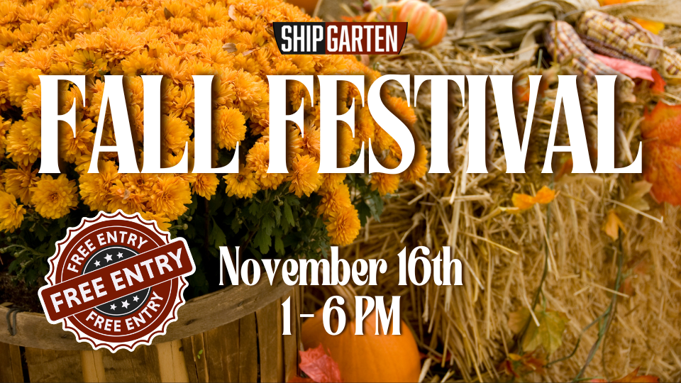 Shipgarten Fall Festival November 16th 1 - 6 pm Free Entry Hay Bales and Yellow Flowers and Gourds and Pumpkins and Wooden Crate