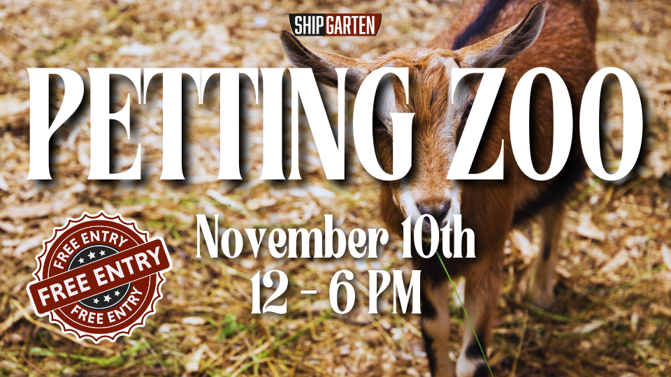 Shipgarten Petting Zoo November 10th 12 - 6 PM Free Entry Goat and Hay in the Background