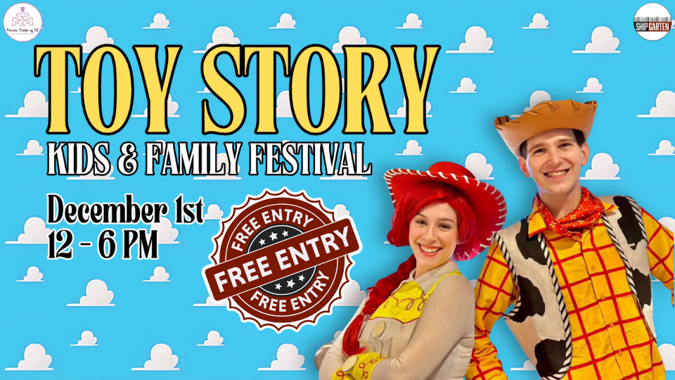 Toy Story Kids and Family Festival December 1st 12 - 6 PM Free Entry Jessie and Woody from Toy Story Blue Background and White Clouds