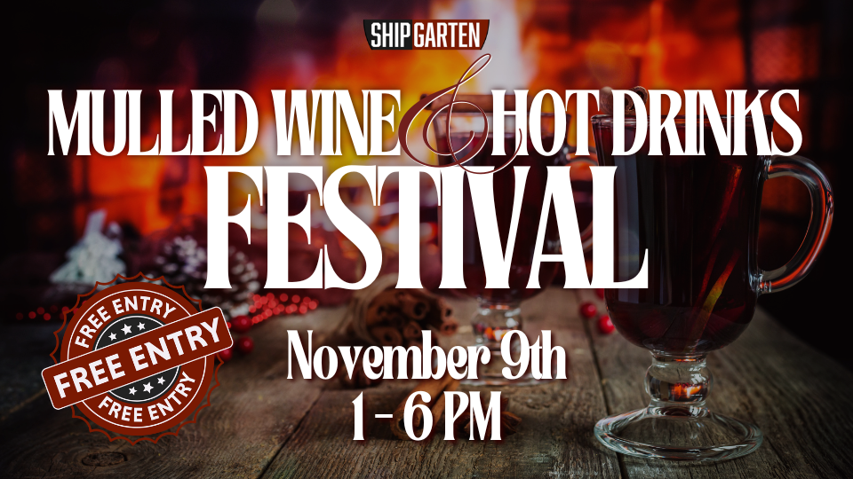 Shipgarten Mulled Wine & Hot Drinks Festival November 9th 1 - 6 PM Free Entry Wooden Table With Mulled Wine Hot Drink and Fireplace in the Background