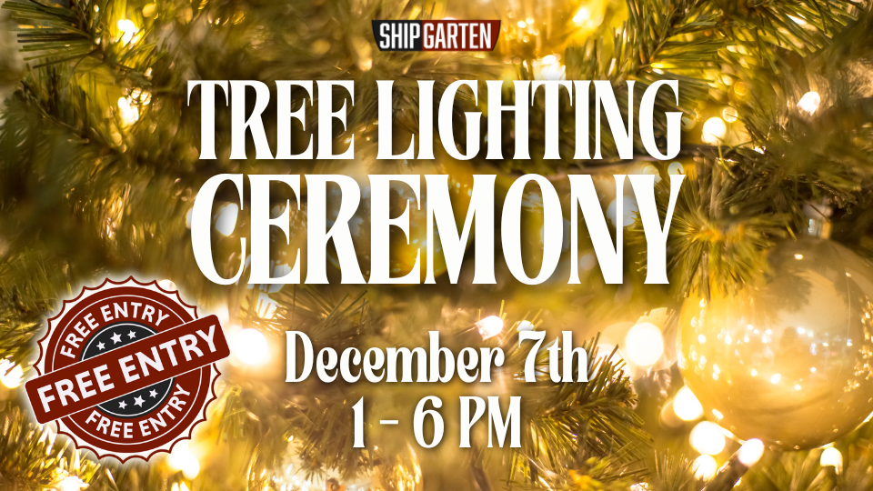 Shipgarten Tree Lighting Ceremony December 7th 1 to 6 PM Free Entry Christmas Tree in the Background with White Christmas Lights and White Christmas Bulb Decorations