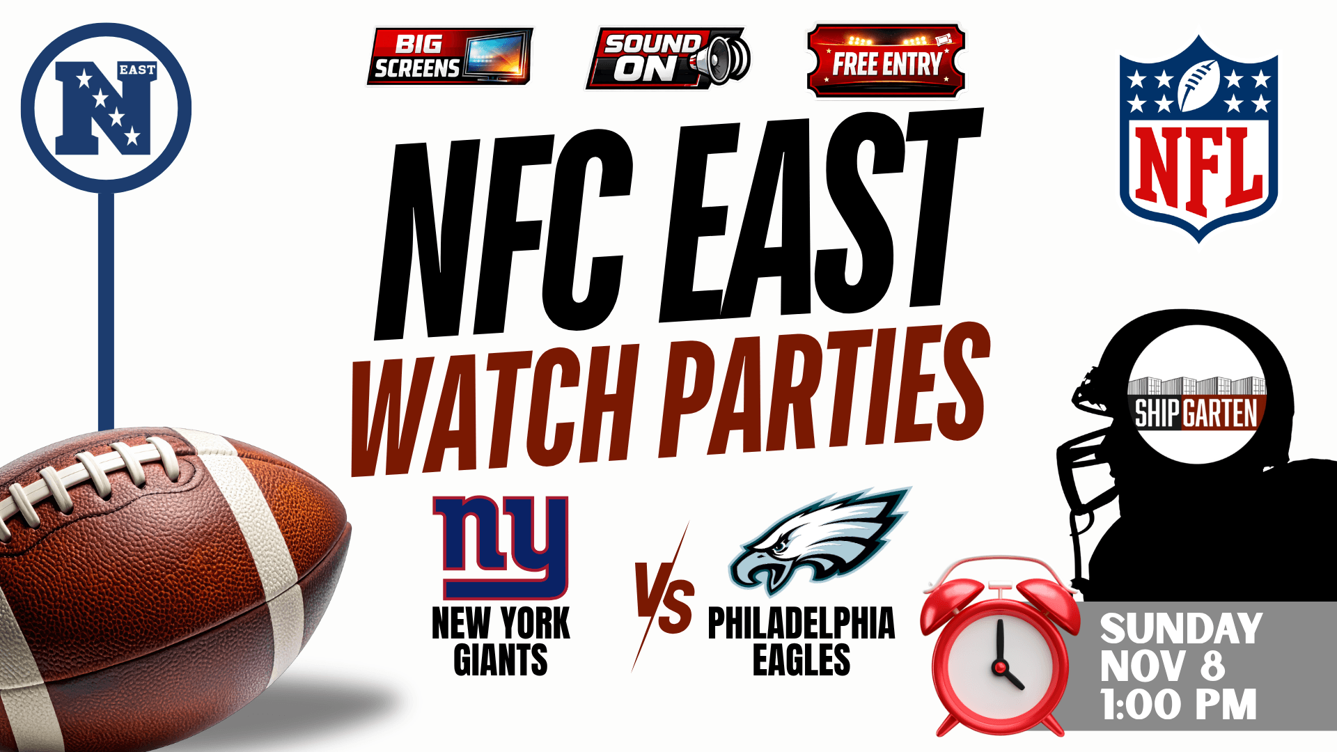New York Giants vs Philadelphia Eagles NFL watch party at Shipgarten in McLean VA on November 8, 2026 at 1 PM