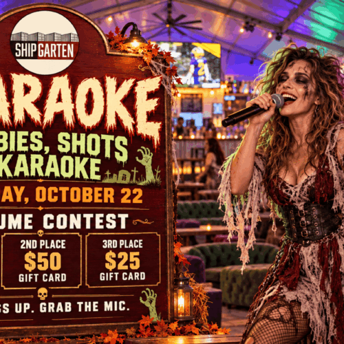 SCARAOKE flyer with zombie-costumed singers promoting October 22 karaoke at Shipgarten and $100, $50, and $25 costume contest gift card prizes.