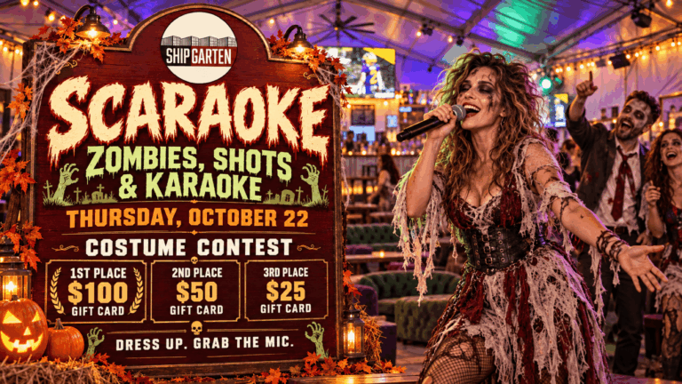 SCARAOKE flyer with zombie-costumed singers promoting October 22 karaoke at Shipgarten and $100, $50, and $25 costume contest gift card prizes.