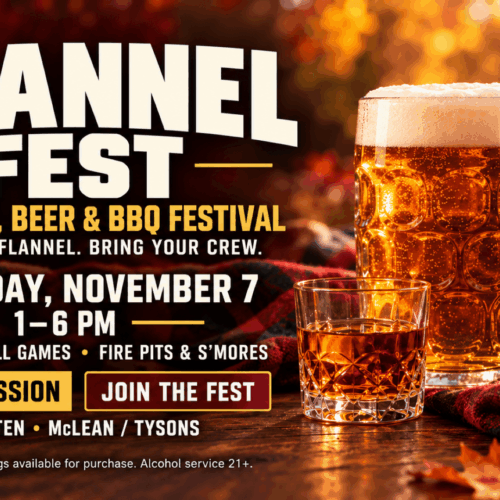 Flannel Fest banner with a beer stein, bourbon glass and plaid fabric, announcing November 7, 1–6 PM, at Shipgarten.