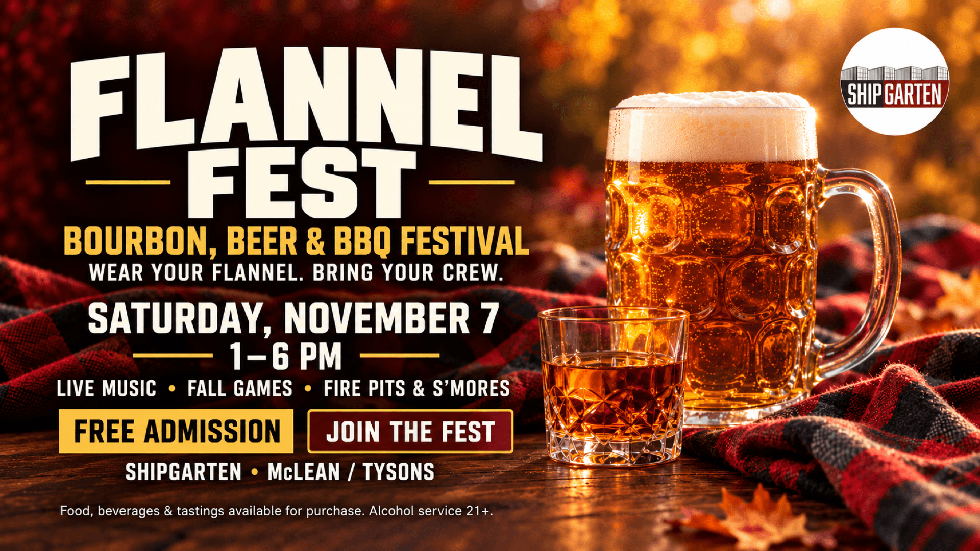 Flannel Fest banner with a beer stein, bourbon glass and plaid fabric, announcing November 7, 1–6 PM, at Shipgarten.