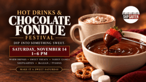 Shipgarten festival banner showing steaming hot cocoa and a strawberry dipped in chocolate fondue, announcing November 14 from 1–6 PM.