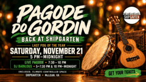 Pagode do Gordin banner with a pandeiro and cavaquinho under warm lights, announcing November 21, 5 PM–midnight, at Shipgarten.