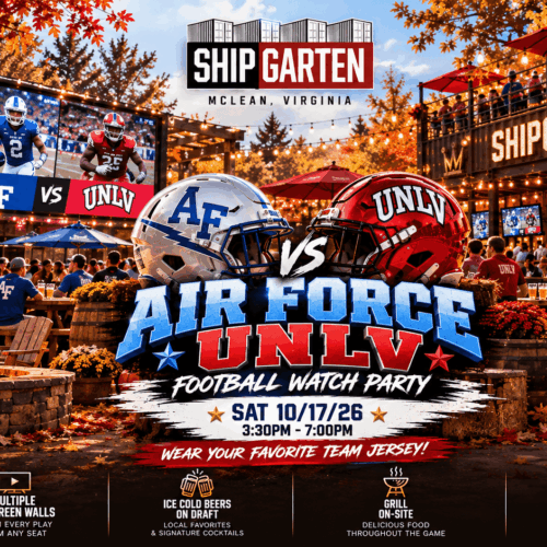 Air Force vs. UNLV football watch party banner with team helmets and screens at Shipgarten, advertising October 17 with kickoff at 3:30 PM.