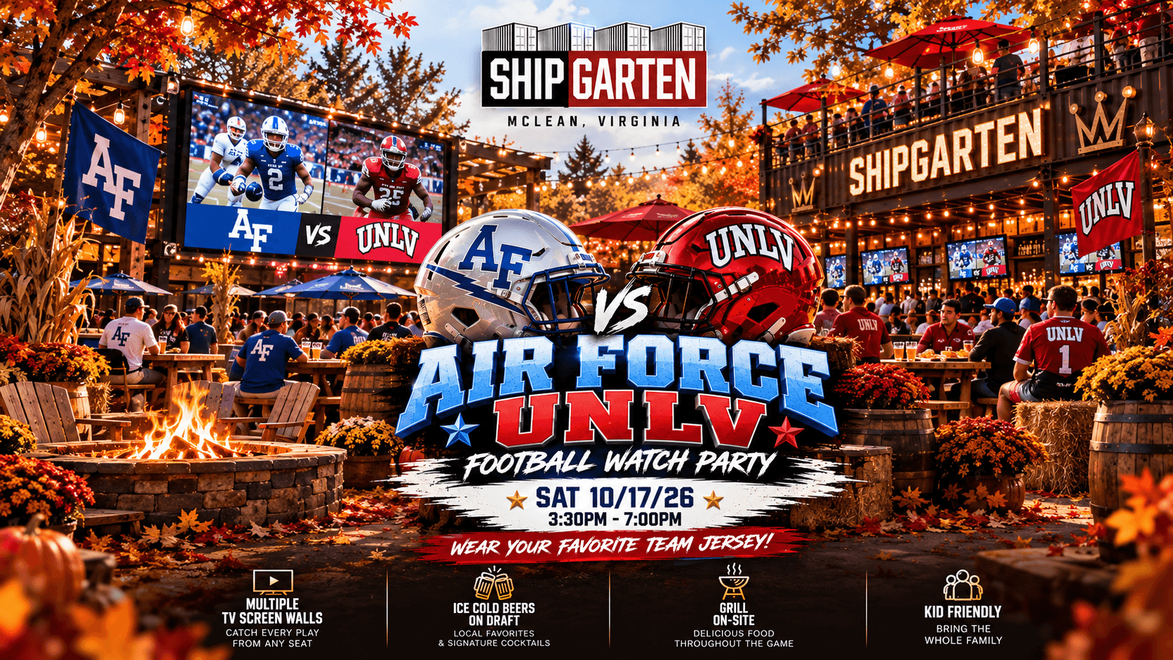 Air Force vs. UNLV football watch party banner with team helmets and screens at Shipgarten, advertising October 17 with kickoff at 3:30 PM.