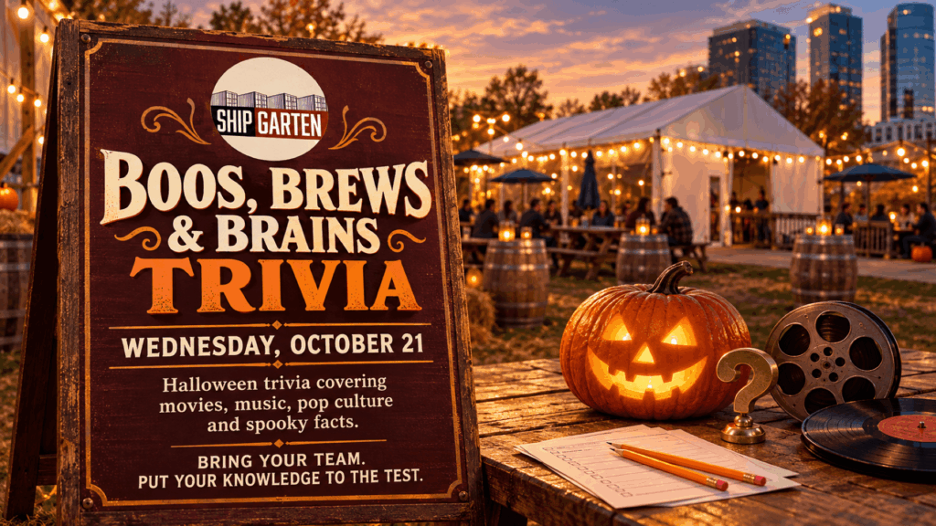 Boos, Brews & Brains trivia sign for October 21 at Shipgarten, beside a glowing jack-o’-lantern, film reel, and vinyl record.