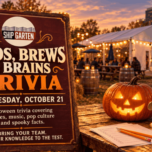 Boos, Brews & Brains trivia sign for October 21 at Shipgarten, beside a glowing jack-o’-lantern, film reel, and vinyl record.