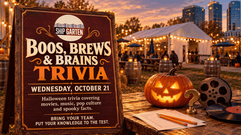 Boos, Brews & Brains trivia sign for October 21 at Shipgarten, beside a glowing jack-o’-lantern, film reel, and vinyl record.