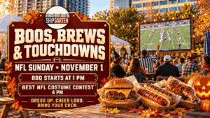 Boos, Brews & Touchdowns banner showing football fans, BBQ food, and pumpkins, advertising November 1 at Shipgarten with BBQ at 1 PM and a costume contest at 4 PM.