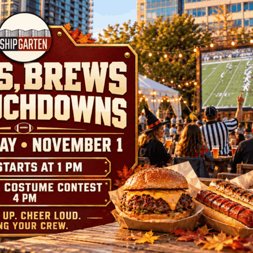 Boos, Brews & Touchdowns banner showing football fans, BBQ food, and pumpkins, advertising November 1 at Shipgarten with BBQ at 1 PM and a costume contest at 4 PM.