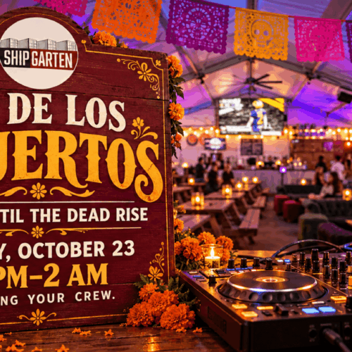DJ de los Muertos banner for October 23, 5 PM–2 AM at Shipgarten, with DJ equipment, orange marigolds, papel picado, and a decorative skull.
