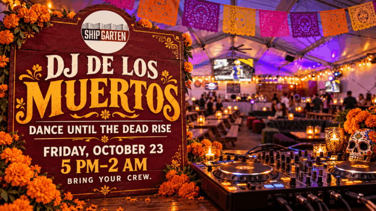 DJ de los Muertos banner for October 23, 5 PM–2 AM at Shipgarten, with DJ equipment, orange marigolds, papel picado, and a decorative skull.