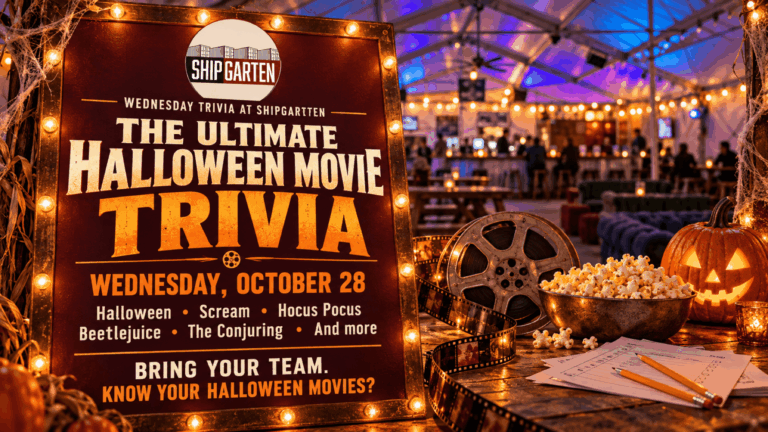 Halloween Movie Trivia poster for October 28 at Shipgarten, with an illuminated burgundy sign, film reel, popcorn, and jack-o’-lantern.
