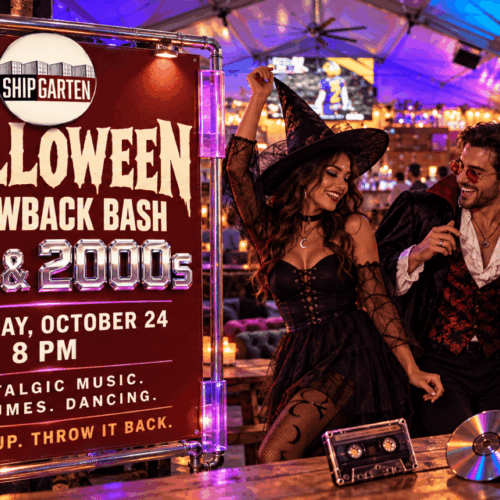 Halloween Throwback Bash banner with costumed dancers, cassette tapes, and CDs, announcing ’90s and 2000s music at Shipgarten on October 24 at 8 PM.