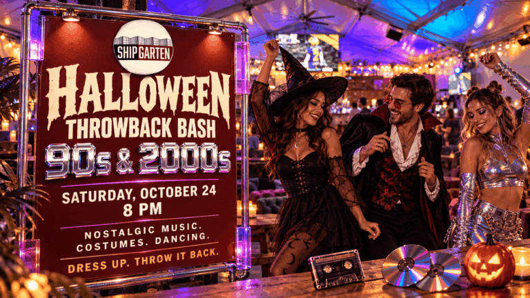 Halloween Throwback Bash banner with costumed dancers, cassette tapes, and CDs, announcing ’90s and 2000s music at Shipgarten on October 24 at 8 PM.