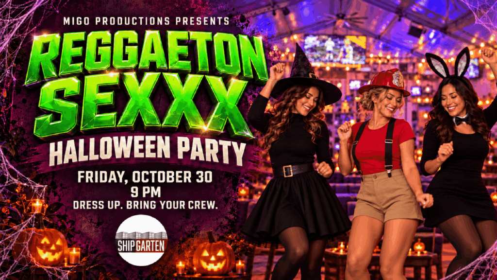REGGAETON SEXXX Halloween Party banner with neon-green lettering and costumed dancers, presented by Migo Productions at Shipgarten on October 30 at 9 PM.