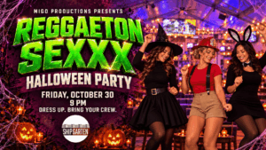 REGGAETON SEXXX Halloween Party banner with neon-green lettering and costumed dancers, presented by Migo Productions at Shipgarten on October 30 at 9 PM.