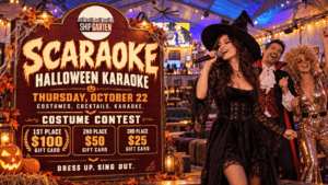 SCARAOKE Halloween karaoke flyer for October 22 at Shipgarten, with costumed singers and $100, $50, and $25 costume contest gift card prizes.