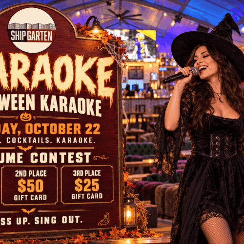 SCARAOKE Halloween karaoke flyer for October 22 at Shipgarten, with costumed singers and $100, $50, and $25 costume contest gift card prizes.