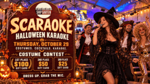 SCARAOKE banner for October 29 at Shipgarten, with costumed karaoke singers and a costume contest offering $100, $50, and $25 gift card prizes.