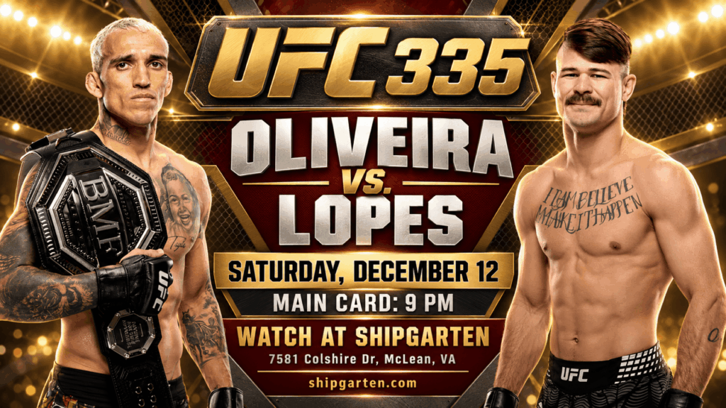 Gold and burgundy UFC 335 poster featuring Oliveira vs. Lopes, advertising Shipgarten’s December 12 watch party with the main card at 9 PM.