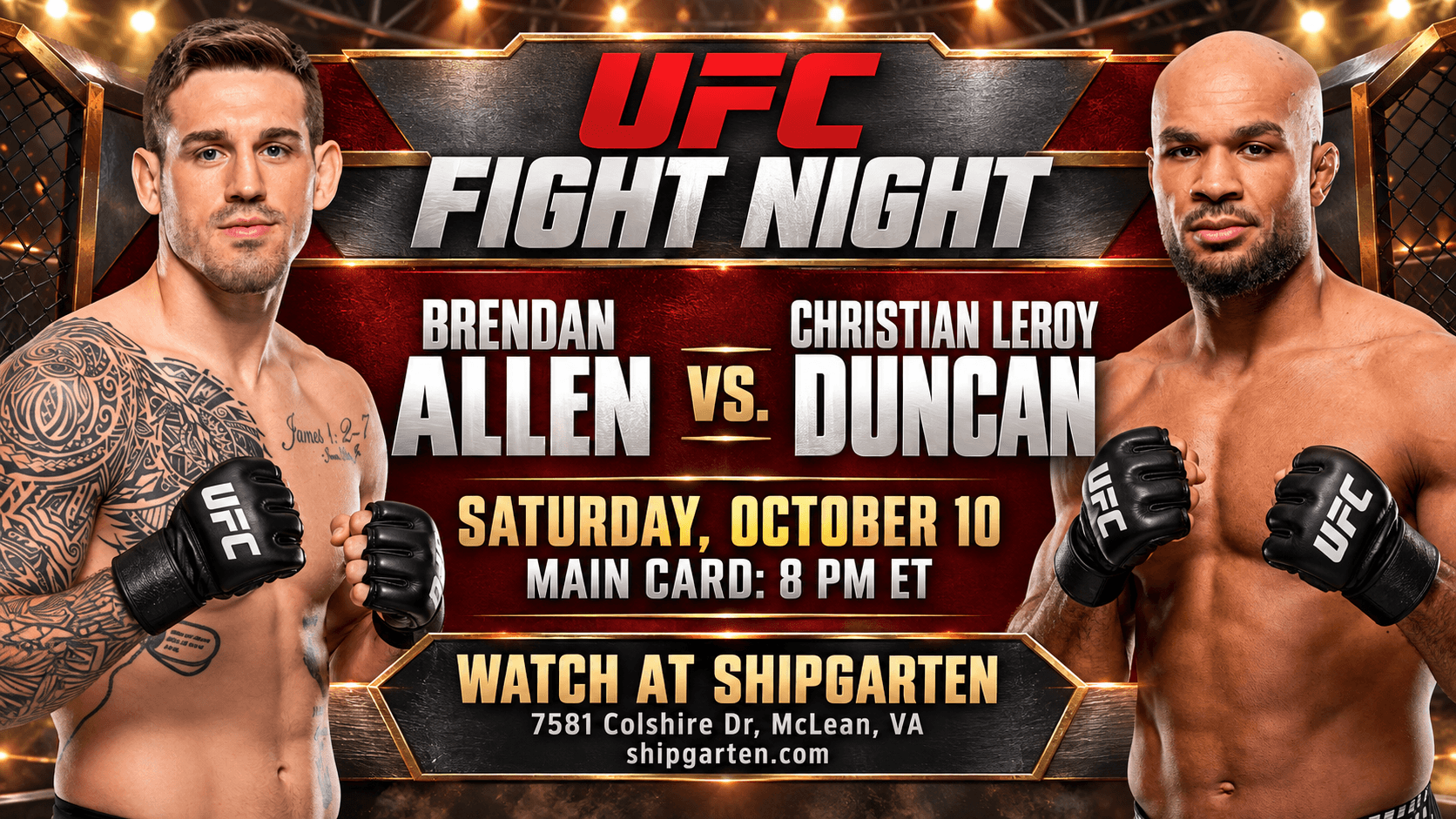 ESPN fight card screenshot for UFC Fight Night: Allen vs. Duncan, showing the main card and preliminary matchups for October 10, 2026.